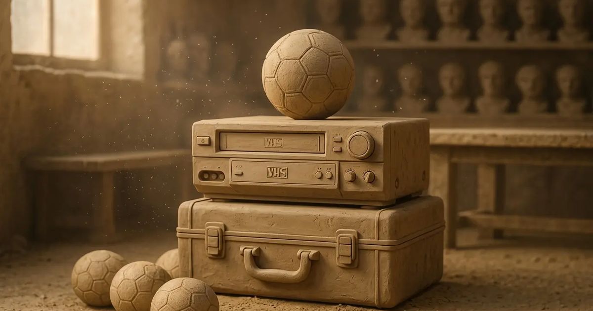 A clay football, video deck and suitcase in The Vault workshop